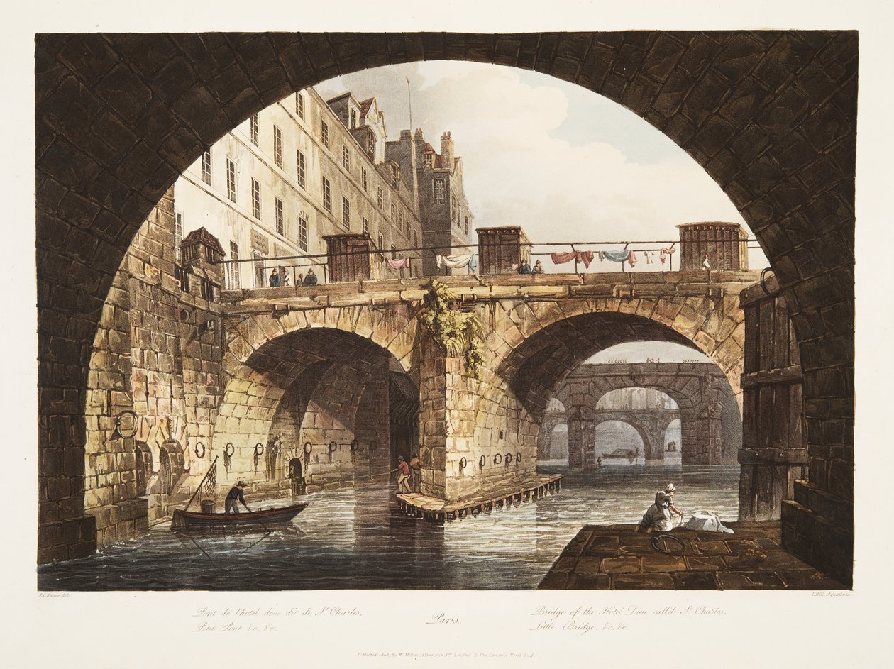 Bron av Hotel Dieu som heter St Charles, Little Bridge, illustration från Versailles, Paris och Saint Denis, pub. 1806 (akvatint) av John Claude Nattes