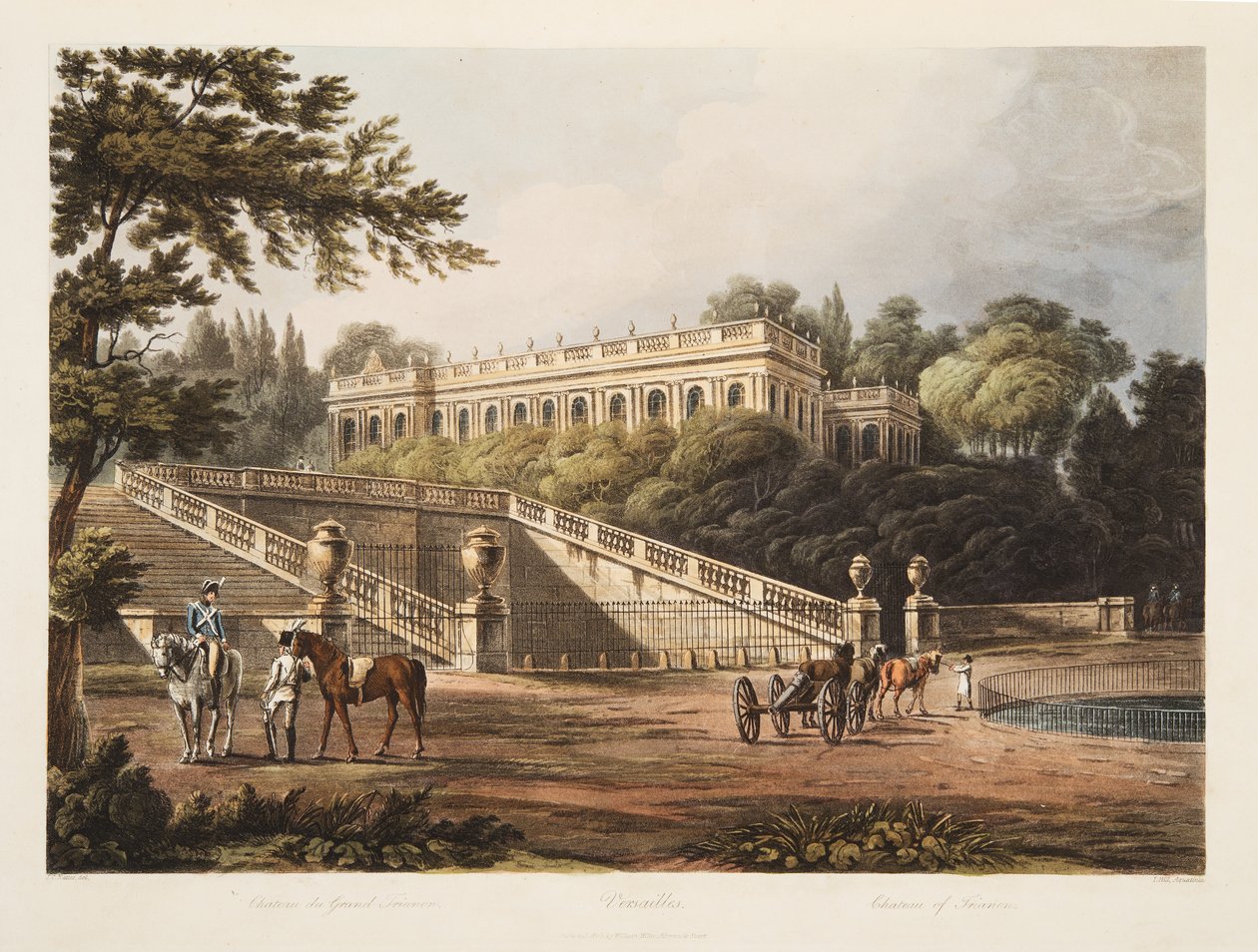 Chateau of Trianon, illustration från Versailles, Paris och Saint Denis, pub. 1805 (akvatint) av John Claude Nattes