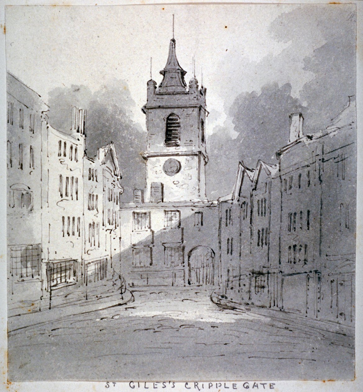 Church of St Giles utan Cripplegate från Fore Street, City of London, 1790. av John Claude Nattes