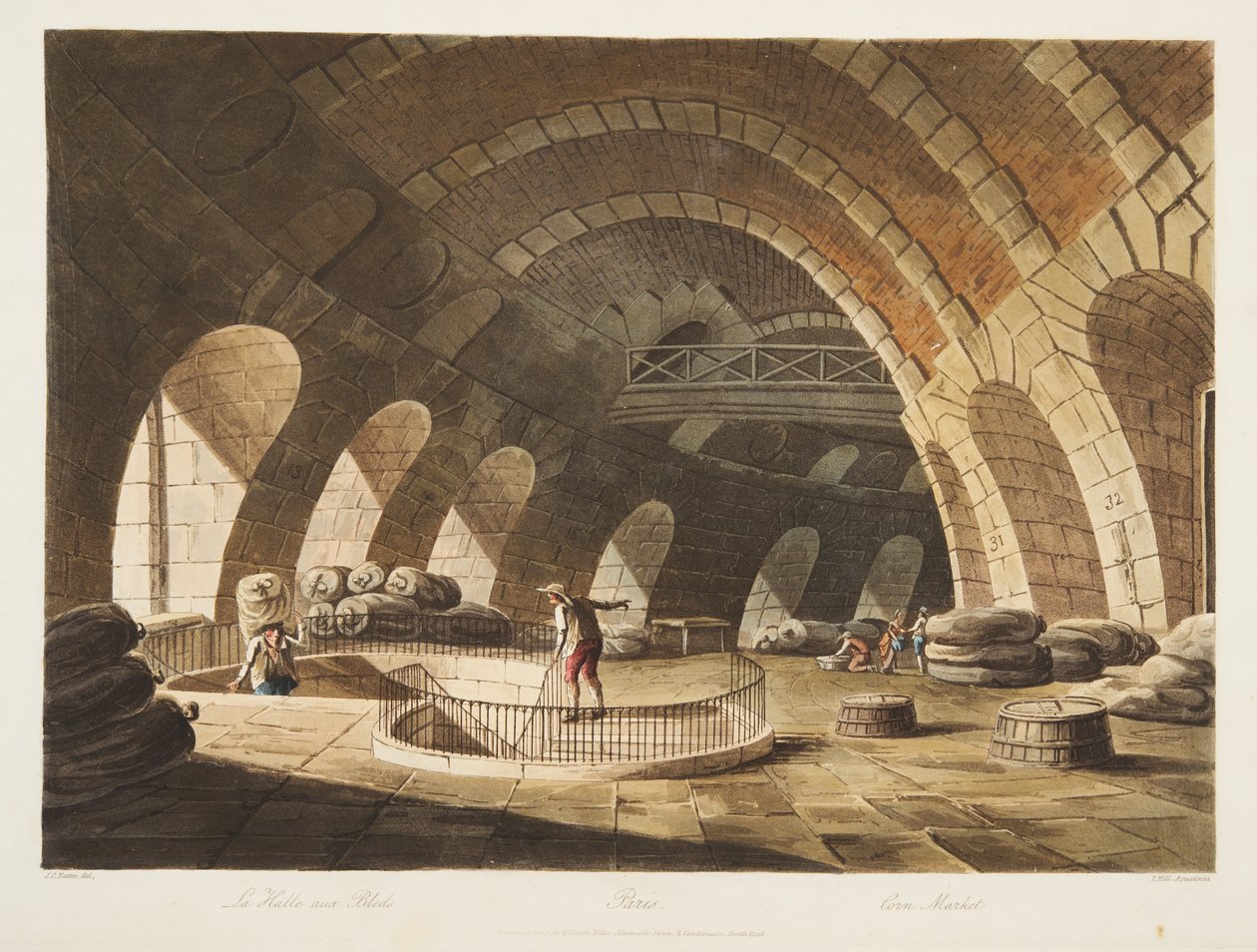 Corn Market, illustration från Versailles, Paris och Saint Denis, pub. 1805 (akvatint) av John Claude Nattes