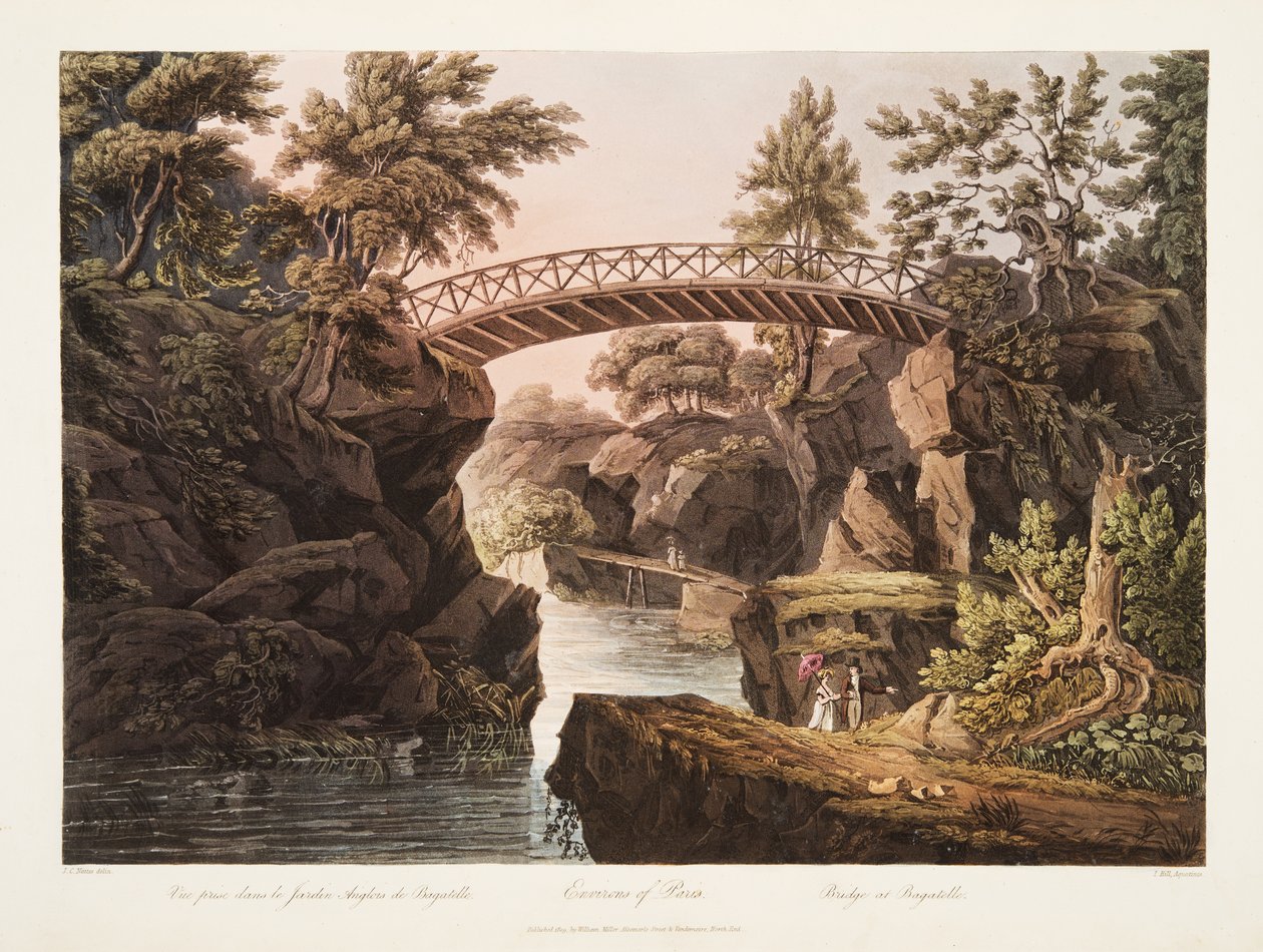 Environs of Paris, Bridge at Bagatelle, illustration från Versailles, Paris och Saint Denis, pub. 1809 (akvatint) av John Claude Nattes