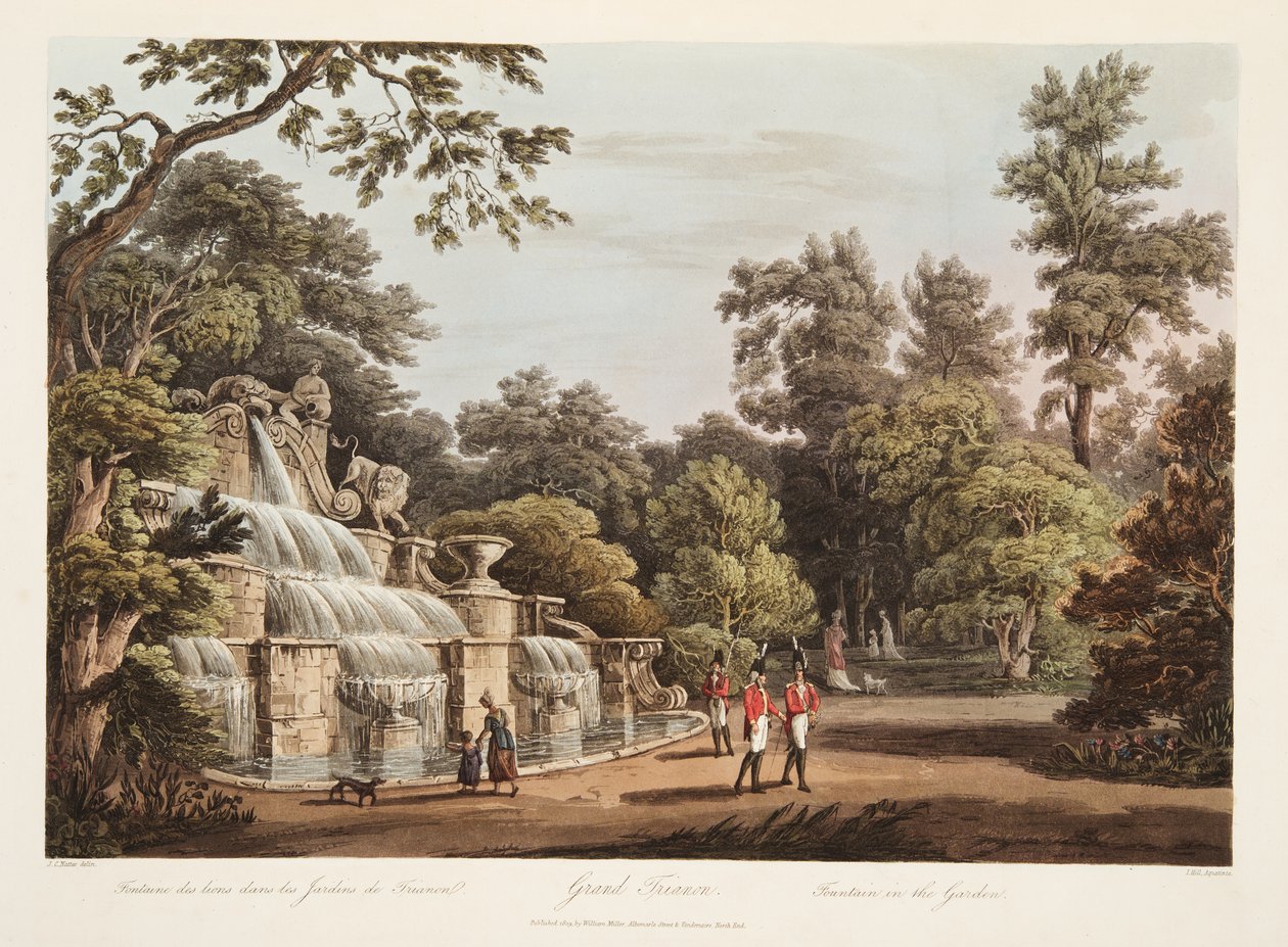 Grand Trianon, fontän i trädgården, illustration från Versailles, Paris och Saint Denis, pub. 1805 (akvatint) av John Claude Nattes