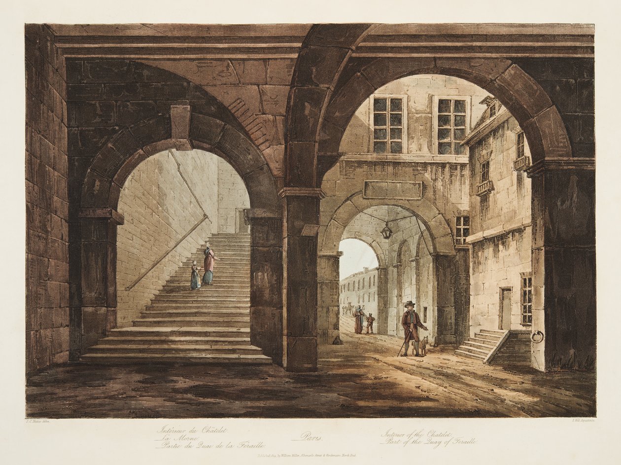 Interiör av Chatelet, del av kajen i Feraille, illustration från Versailles, Paris och Saint Denis, pub. 1809 (akvatint) av John Claude Nattes