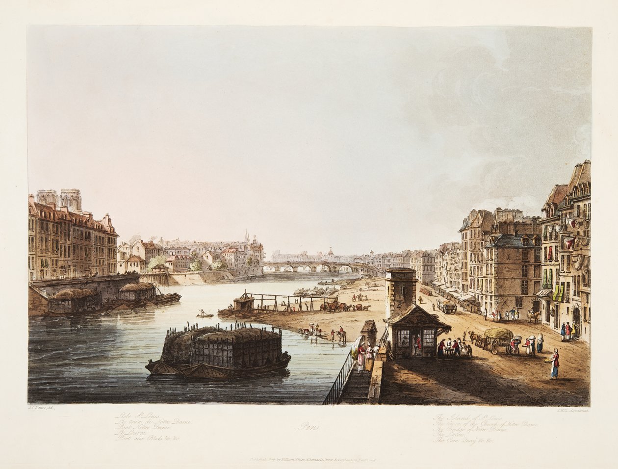 Island of St Louis, tornen i Notre Dame-kyrkan, Notre Dame-bron, Louvren, Corn Quay, illustration från Versailles, Paris och Saint Denis, pub. 1805 (akvatint) av John Claude Nattes