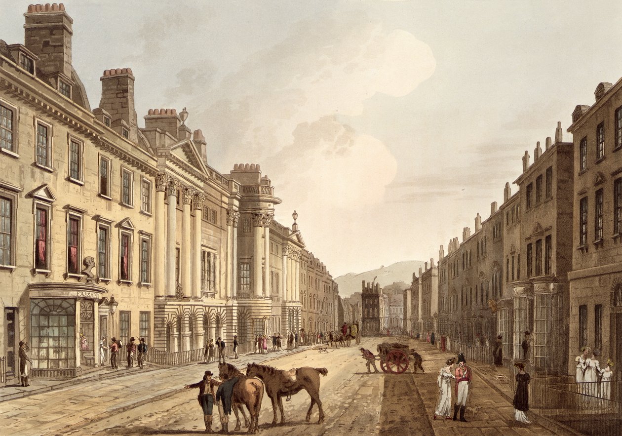Milsom Street, från "Bath Illustrated by a Series of Views", graverad av John Hill (1770-1850), utgiven av William Miller, 1805 (akvatint). av John Claude Nattes