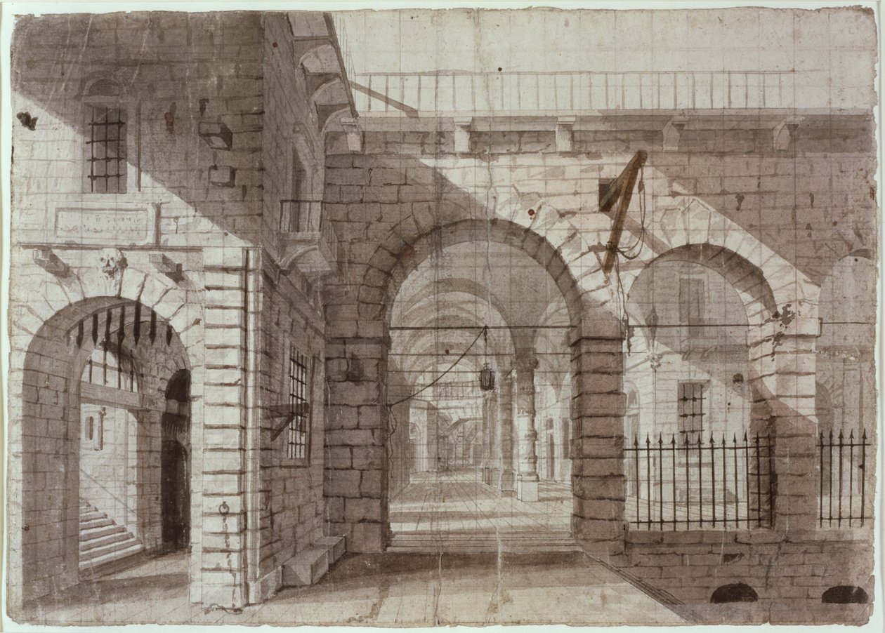 Newgate Prison Courtyard (bläck och tvätt på papper) av John Claude Nattes