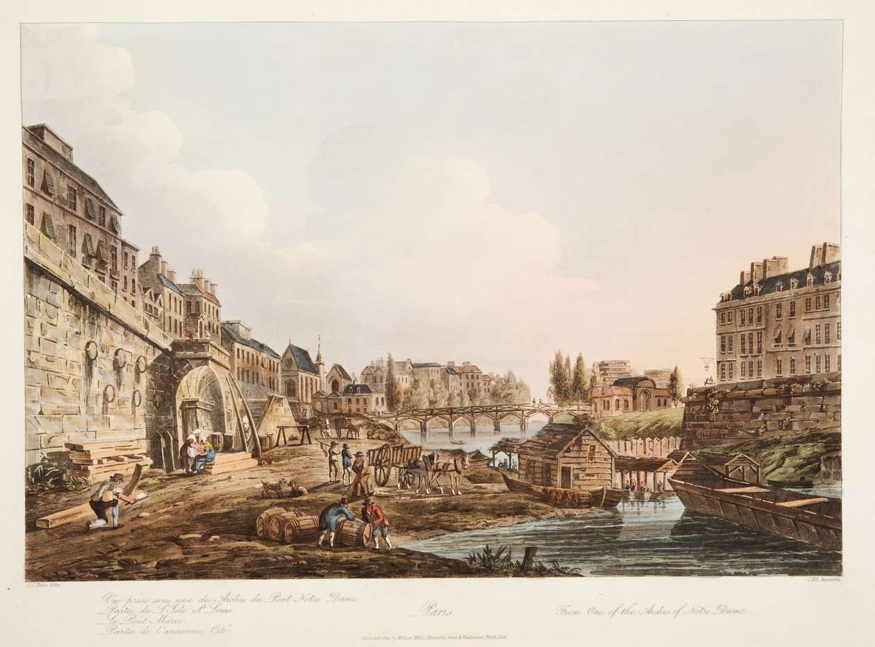 En av Notre Dames bågar, illustration från Versailles, Paris och Saint Denis, pub. 1809 (akvatint) av John Claude Nattes