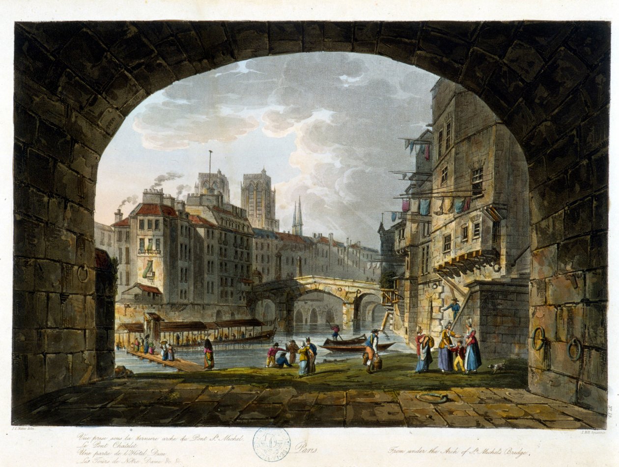 Paris: Pont de Chatelet och och Hotel Dieu - i ""Paris vu par J.C. Mattes"", red. Miller, London av John Claude Nattes