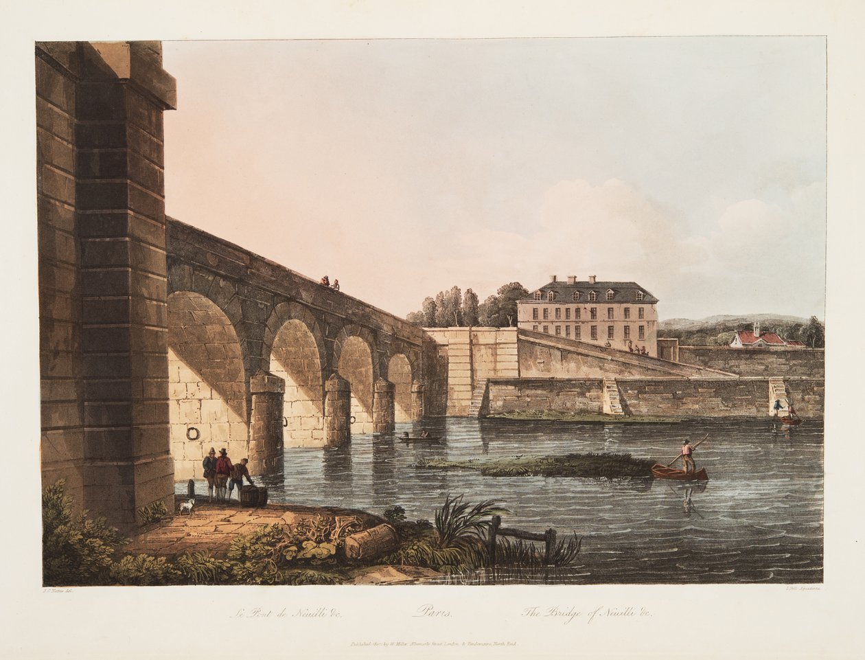 Paris, bron över Neuille, illustration från Versailles, Paris och Saint Denis, pub. 1807 (akvatint) av John Claude Nattes