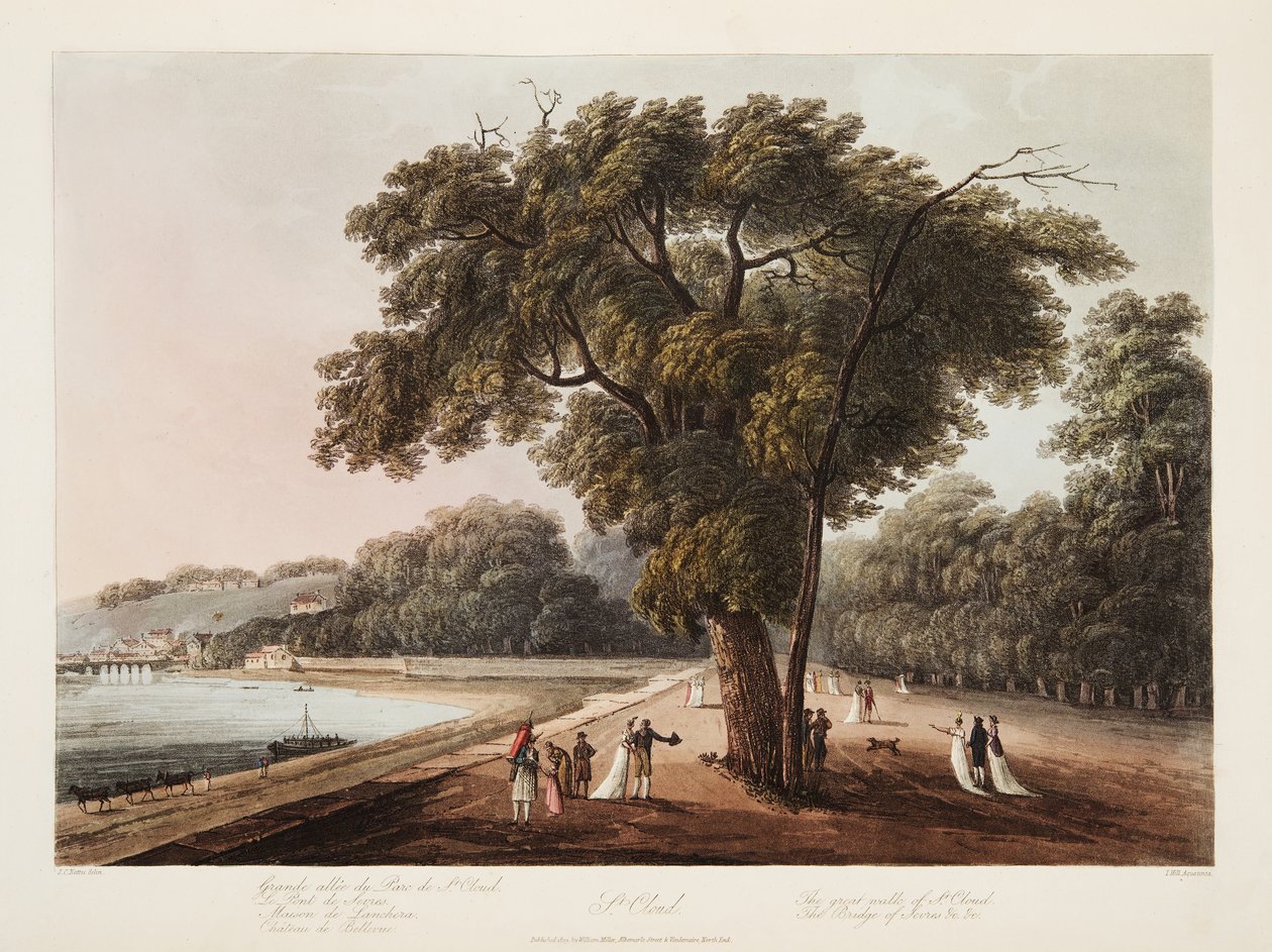 St Cloud, The Great Walk of St Cloud, The Bridge of Sevres, etc. etc., illustration från Versailles, Paris och Saint Denis, pub. 1805 (akvatint) av John Claude Nattes