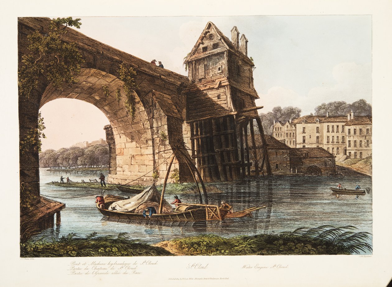 St Cloud, vattenmotor, illustration från Versailles, Paris och Saint Denis, pub. 1809 (akvatint) av John Claude Nattes