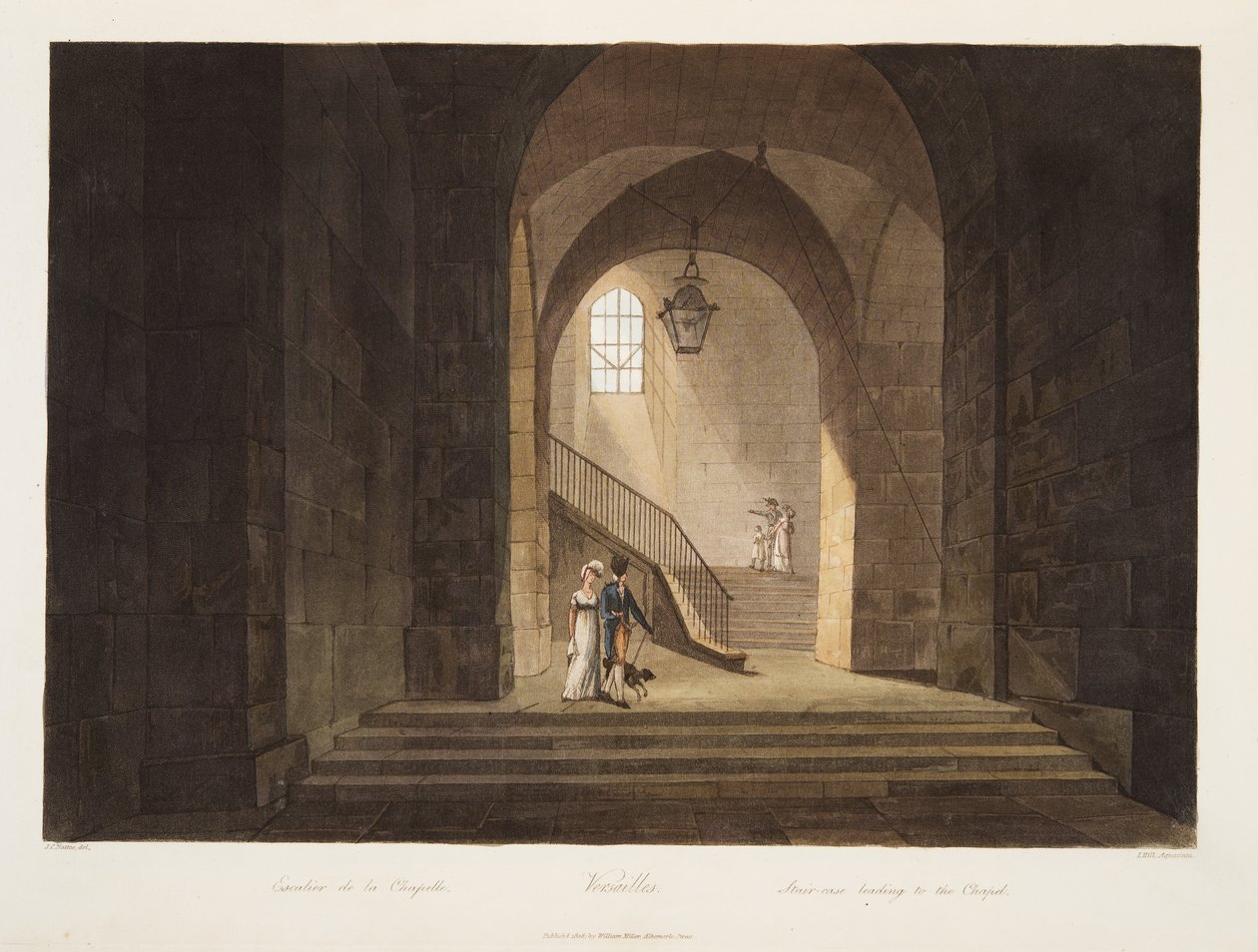 Trappa som leder till kapellet, illustration från Versailles, Paris och Saint Denis, pub. 1806 (akvatint) av John Claude Nattes
