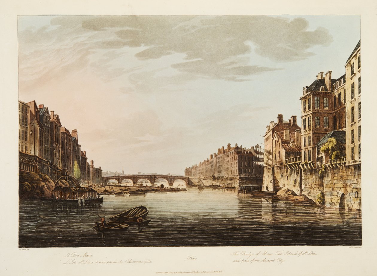 The Bridge of Marie, The Island of St Louis och en del av den antika staden, illustration från Versailles, Paris och Saint Denis, pub. 1807 (akvatint) av John Claude Nattes