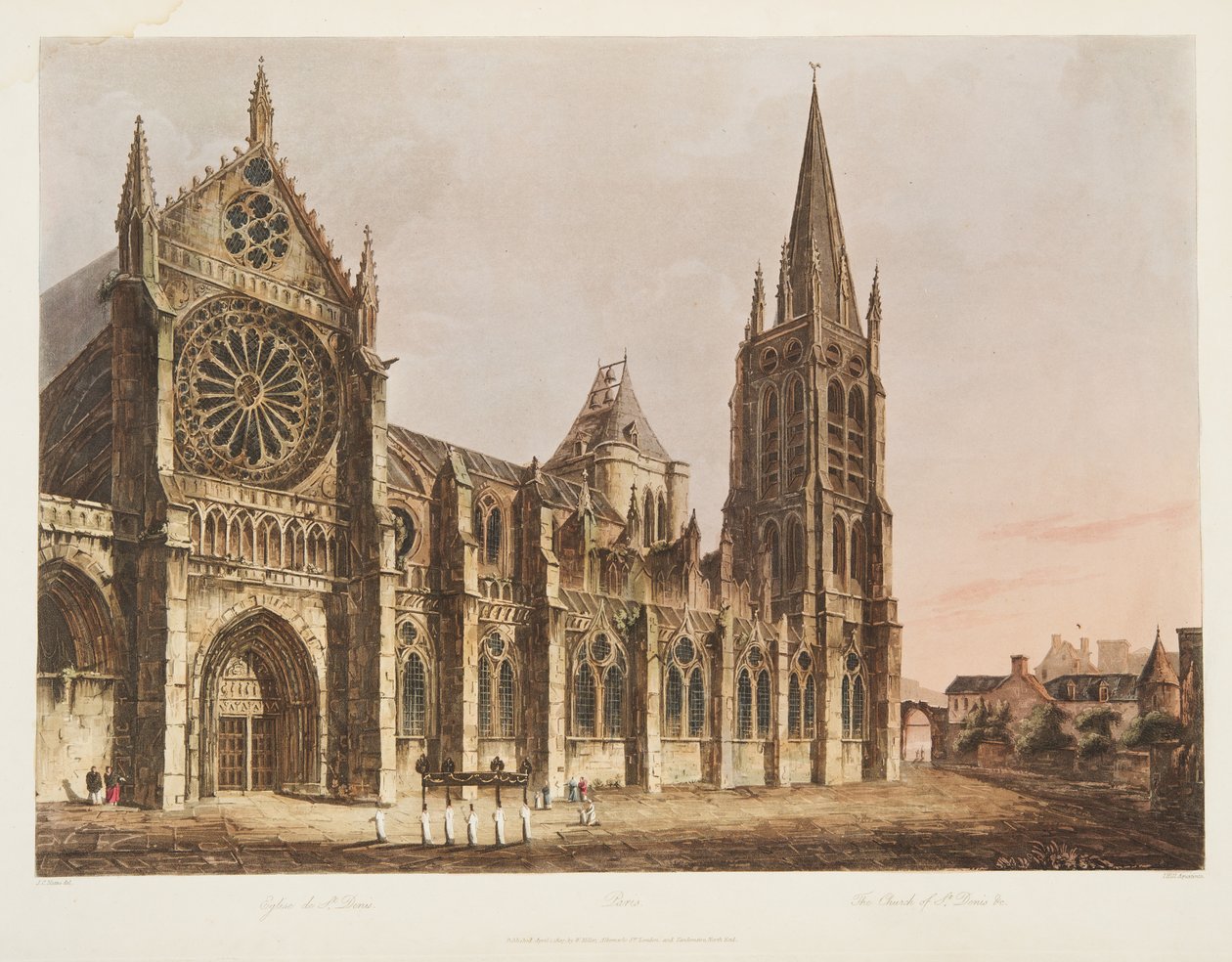 Church of St Denis, illustration från Versailles, Paris och Saint Denis, pub. 1805 (akvatint) av John Claude Nattes