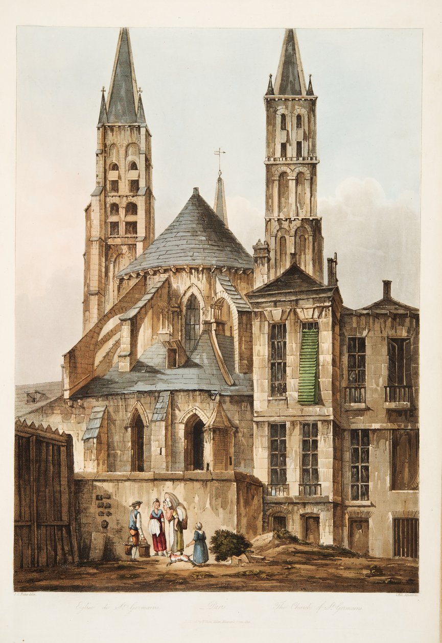 Church of St Germains, illustration från Versailles, Paris och Saint Denis, pub. 1810 (akvatint) av John Claude Nattes
