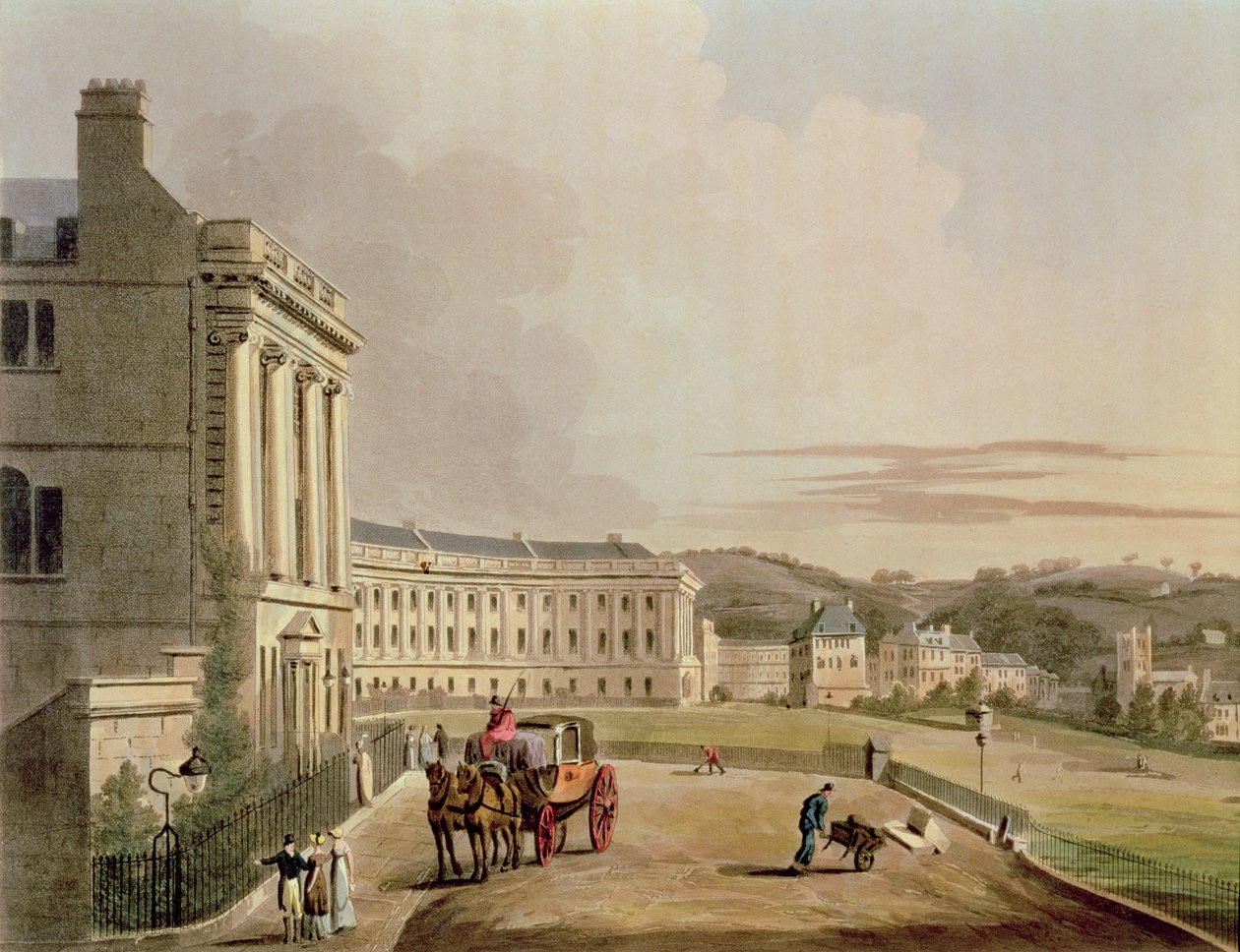 Crescent, detalj på gatan, från Bath Illustrated by a Series of Views, graverad av John Hill 1770-1850 pub. av William Miller, 1804 akvatintdetalj av 92988 av John Claude Nattes