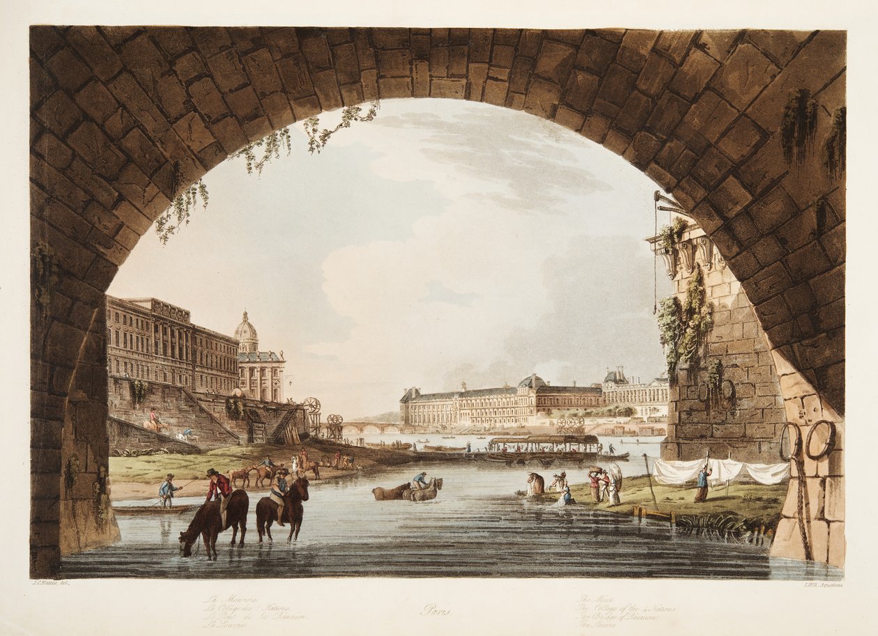 Louvren; Myntverket; College of the 4 Nations; Återträffens bron, illustration från Versailles, Paris och Saint Denis, pub. 1805 (akvatint) av John Claude Nattes