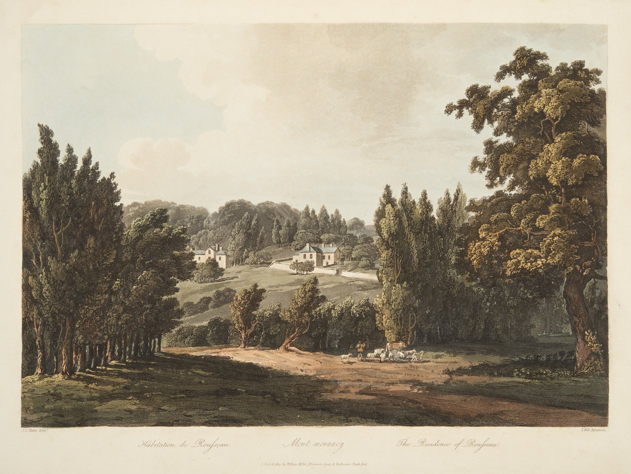 The Residence of Rousseau, illustration från Versailles, Paris och Saint Denis, pub. 1809 (akvatint) av John Claude Nattes