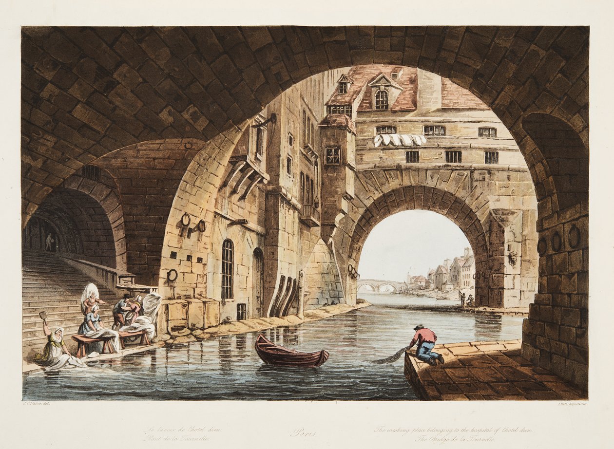 Tvättstället som tillhör sjukhuset i Hotel-Dieu och Bridge de la Tournelle, illustration från Versailles, Paris och Saint Denis, pub. 1805 (akvatint) av John Claude Nattes