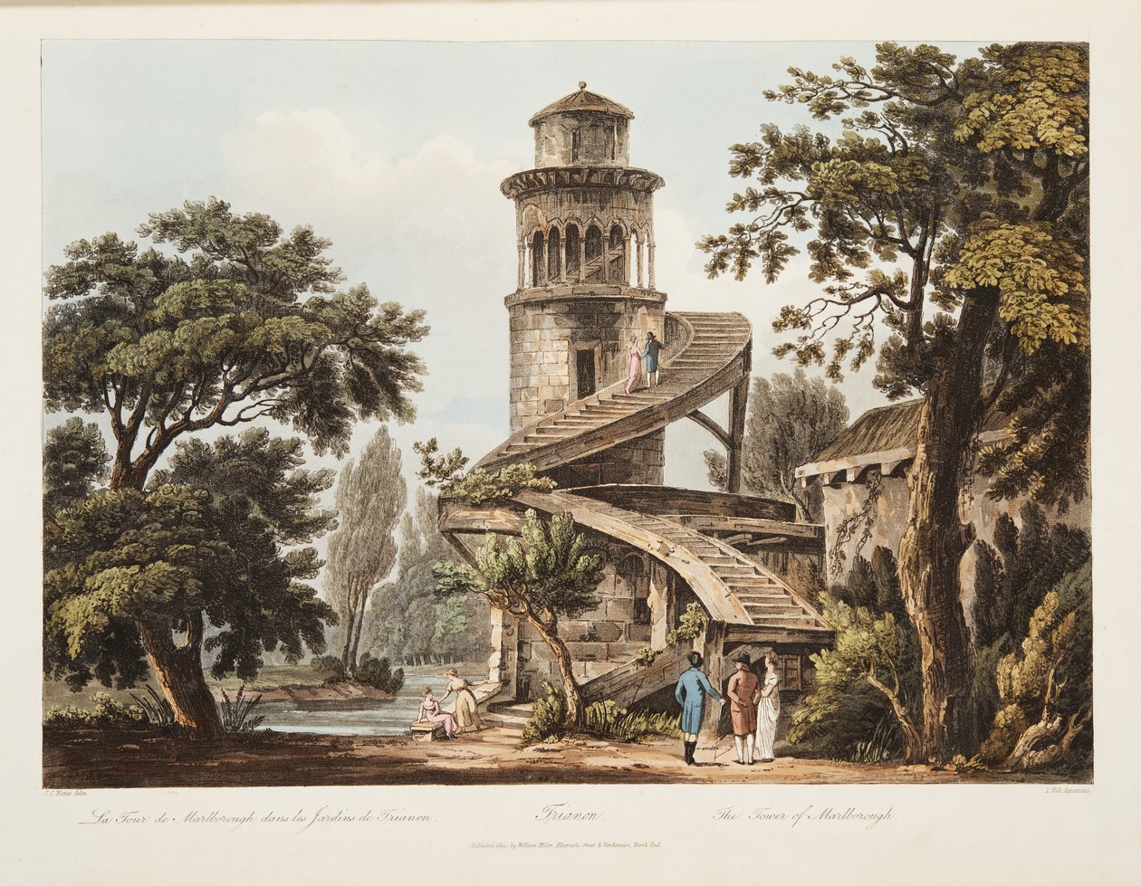 Trianon, The Tower of Marlborough, illustration från Versailles, Paris och Saint Denis, pub. 1809 (akvatint) av John Claude Nattes
