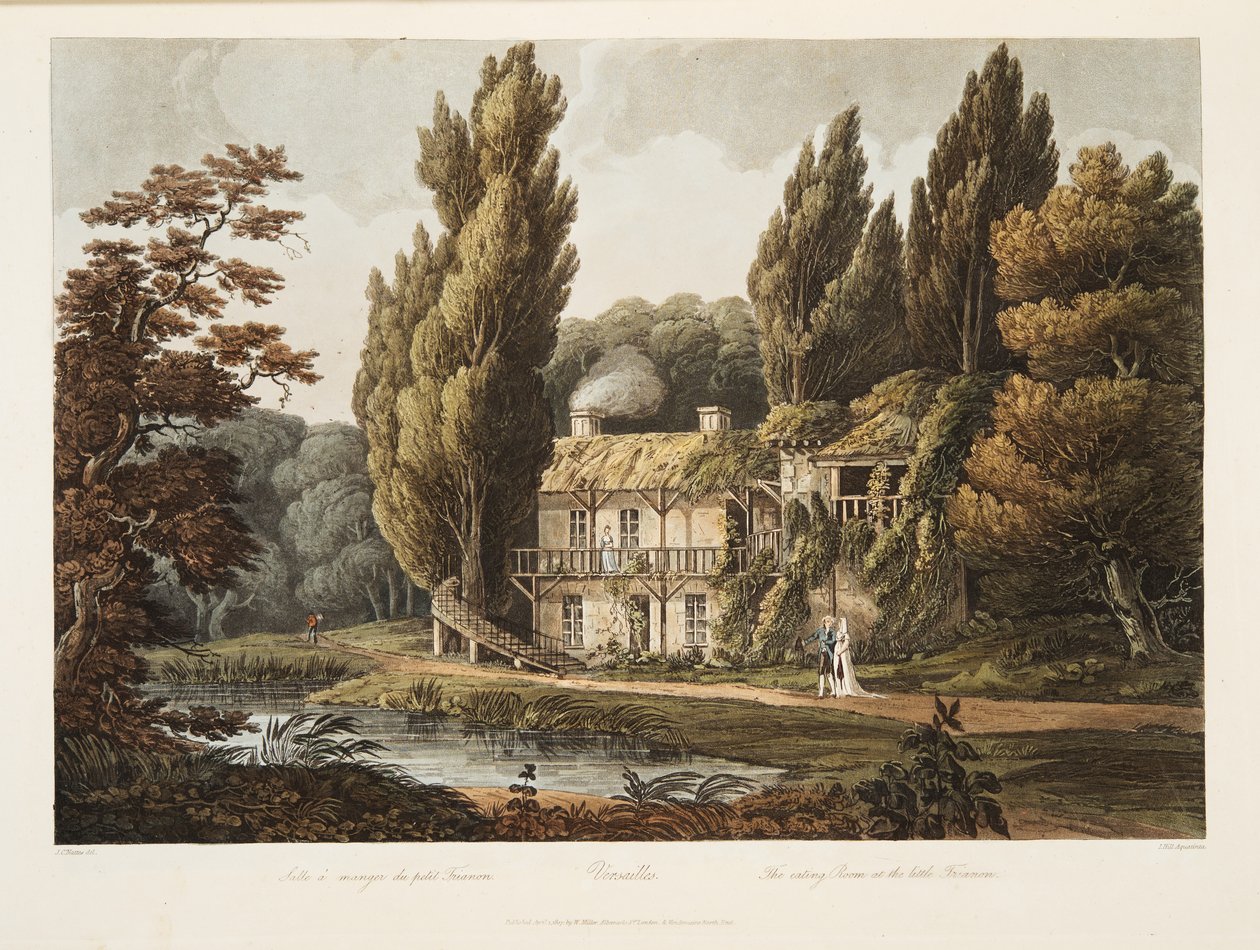 Versailles, matsalen på lilla Trianon, illustration från Versailles, Paris och Saint Denis, pub. 1805 (akvatint) av John Claude Nattes