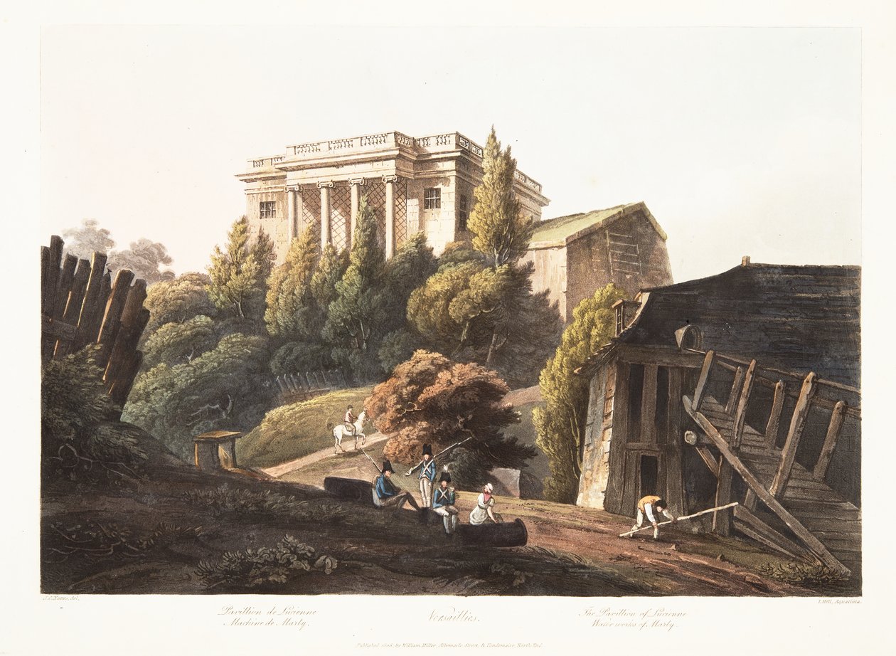 Versailles, Luciennes paviljong, Marly vattenverk, illustration från Versailles, Paris och Saint Denis, pub. 1806 (akvatint) av John Claude Nattes