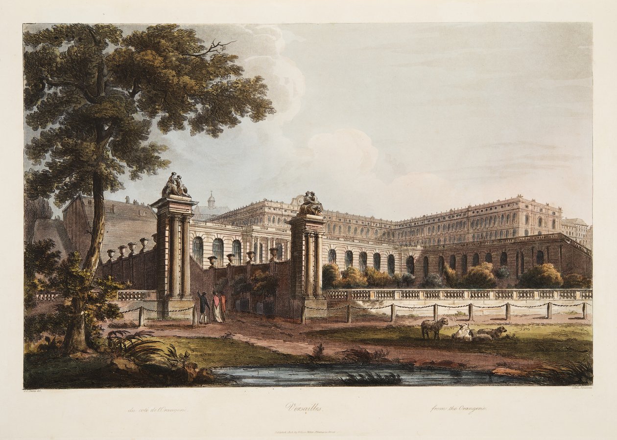Versailles från Orangeriet, illustration från Versailles, Paris och Saint Denis, pub. 1805 (akvatint) av John Claude Nattes