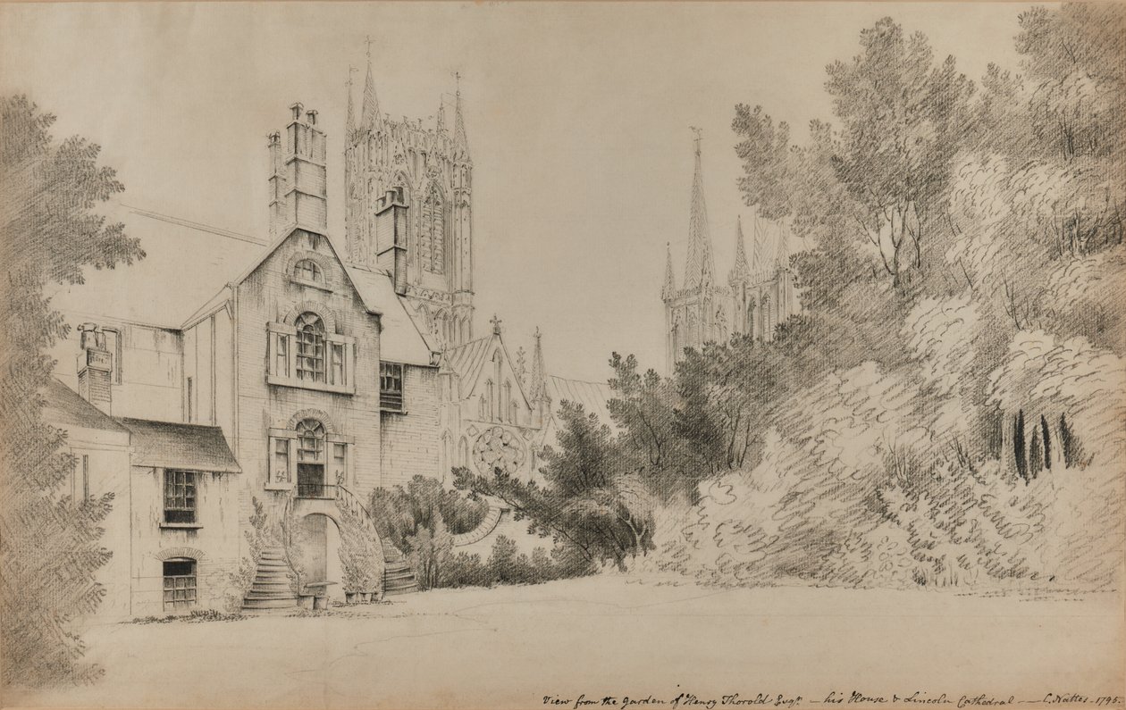 Utsikt från trädgården till Henry Thorold, Esq., hans hus och Lincoln Cathedral av John Claude Nattes