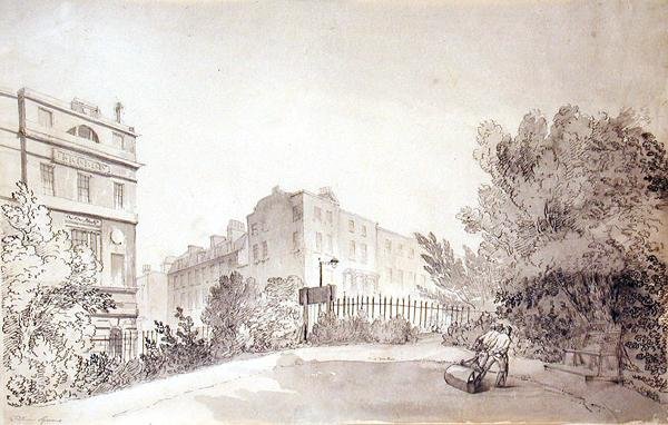 Vy över Fitzroy Square med två figurer som drar en trädgårdsrulle, ca 1808 (bläck och tvätt på papper) av John Claude Nattes