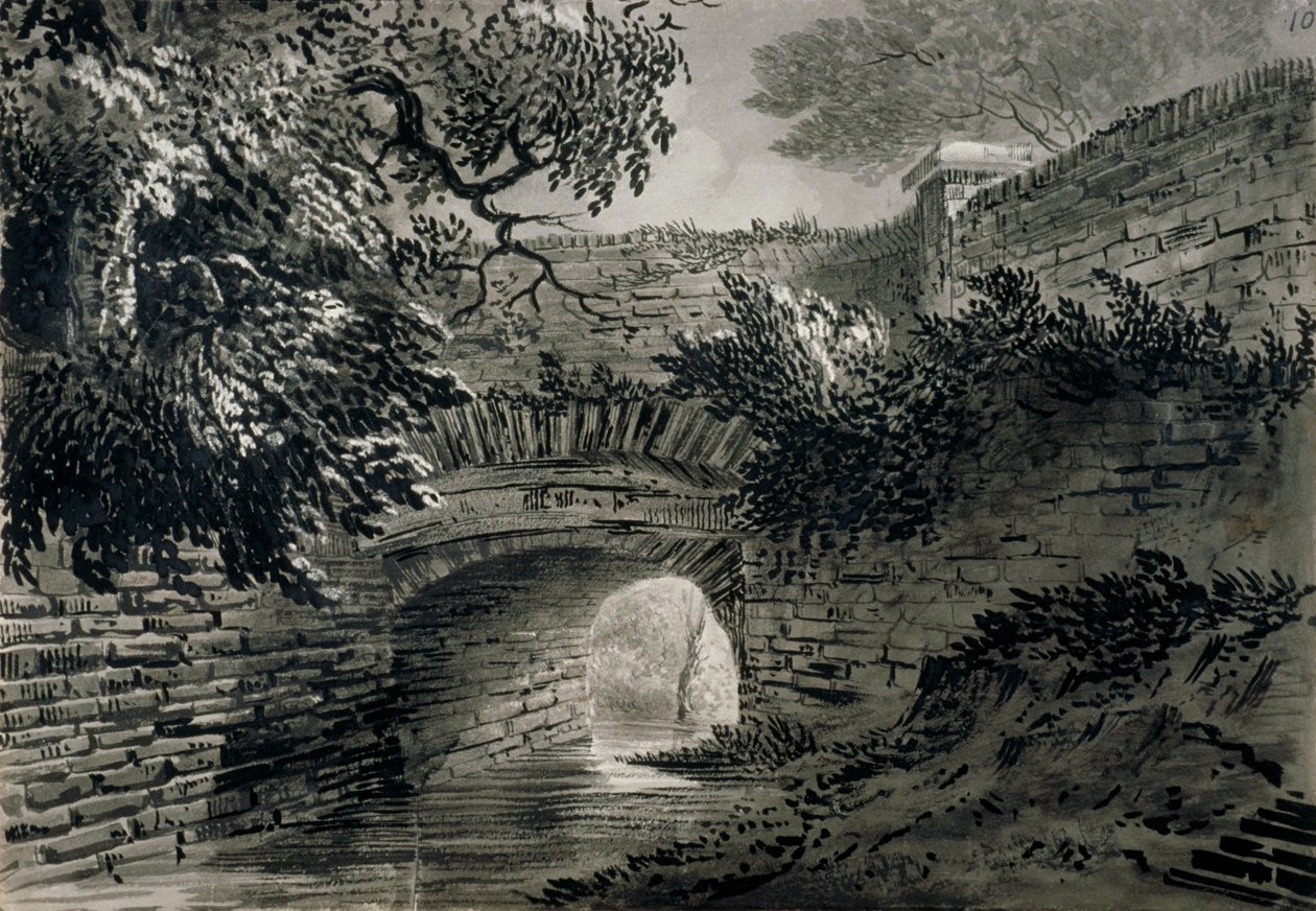 Vy över en del av Serpentines dräneringssystem i Hyde Park, London, c1817 av John Claude Nattes