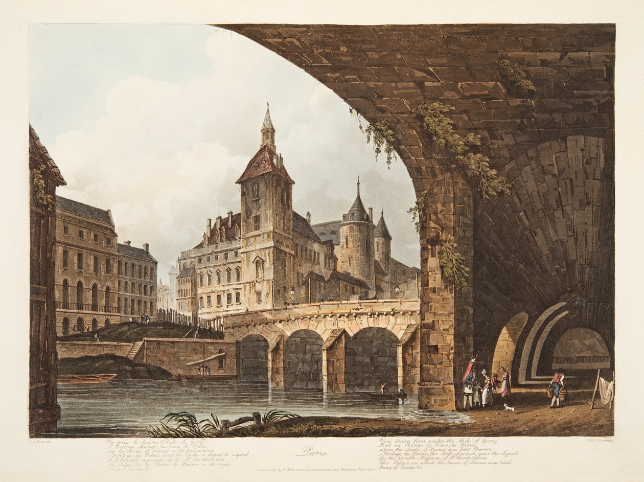 Utsikt över Pont-au-Change, Tour de lHorloge och Conciergerie, illustration från Versailles, Paris och Saint Denis, pub. 1807 (akvatint) av John Claude Nattes
