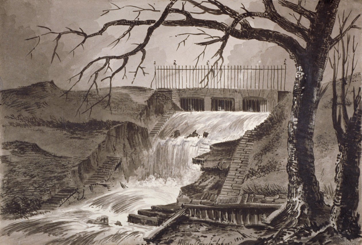 Utsikt över utloppet av Serpentine, Hyde Park, London, 1818. av John Claude Nattes