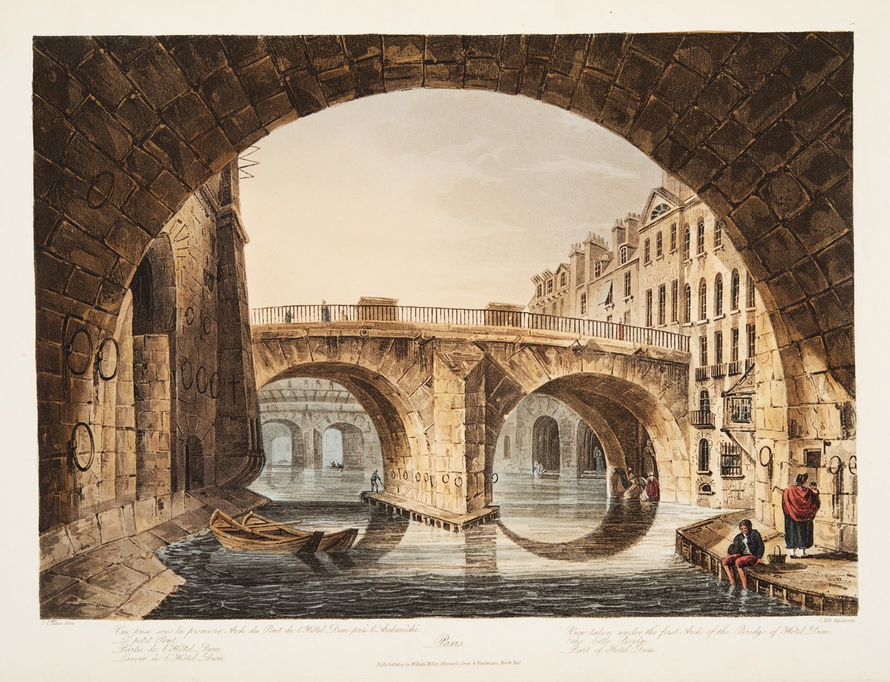 Vy tagen från under den första bågen av bron av Hotel Dieu, Lilla bron, del av Hotel Dieu, illustration från Versailles, Paris och Saint Denis, pub. 1809 (akvatint) av John Claude Nattes