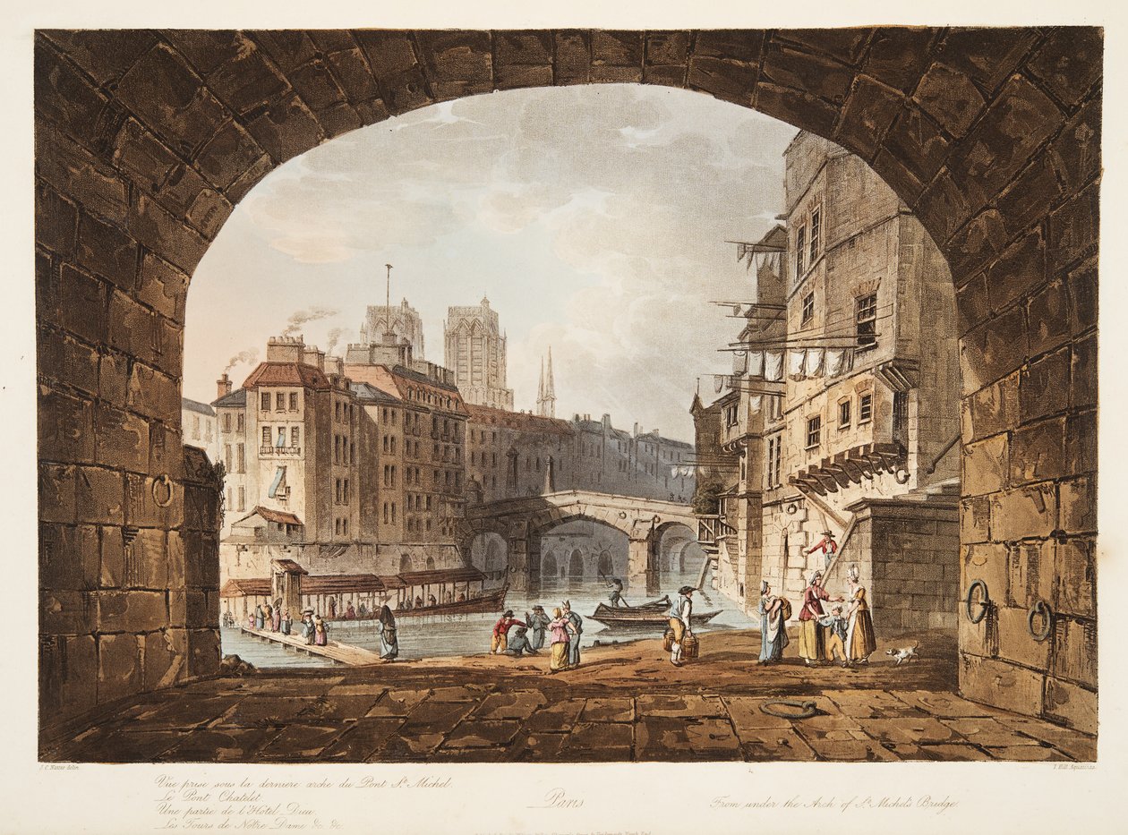 Från under Arch of St Michels Bridge, illustration från Versailles, Paris och Saint Denis, pub. 1805 (akvatint) av John Claude after Nattes