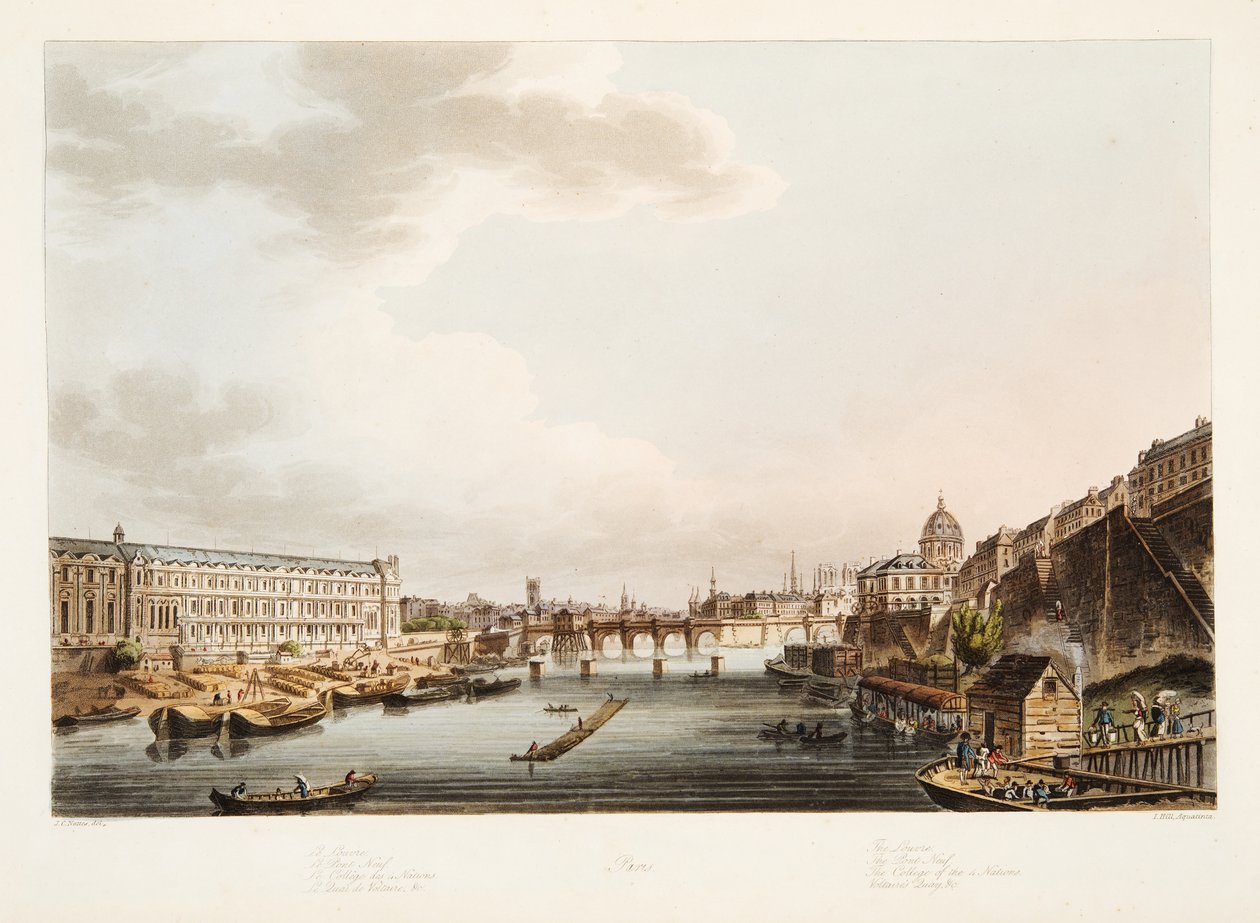 Louvren; Pont Neuf; College of the 4 Nations; Voltaires Quay, illustration från Versailles, Paris och Saint Denis, pub. 1805 (akvatint) av John Claude after Nattes