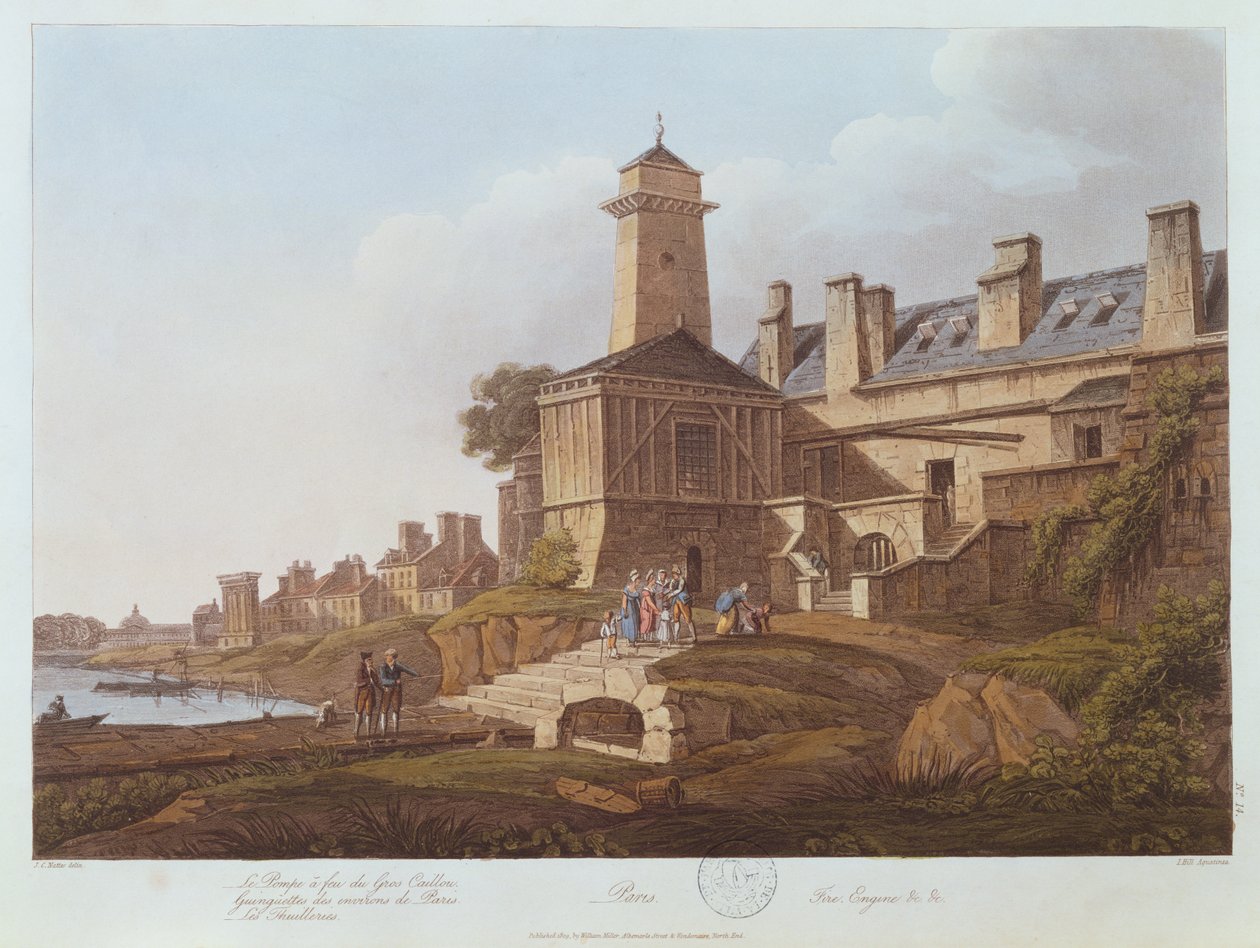 The Steam Pump of Gros-Caillou, 1810 (färgakvatint) av John Claude after Nattes