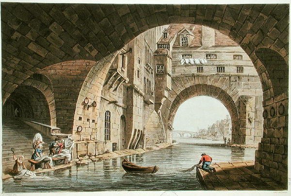 Tvättplatsen för Hotel-Dieu och Pont de la Tournelle, graverad av I. Hill, 1810 (akvatint) av John Claude after Nattes