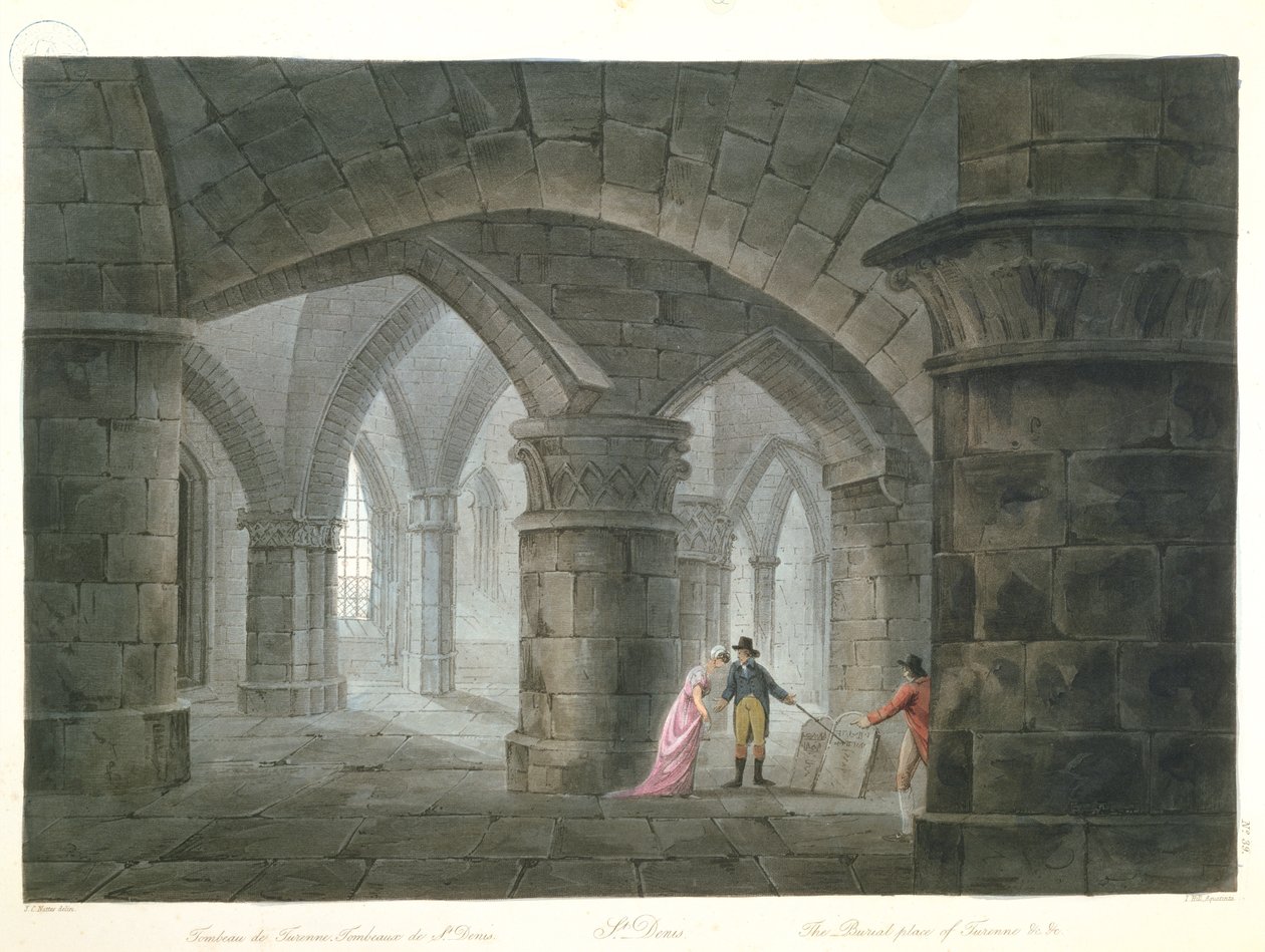 Tourists visiting the tomb of Henri de La Tour dAuvergne (1611-75) Vicomte de Turenne in the crypt of the church of Saint-Denis, 1809 (colour engraving) av John Claude after Nattes