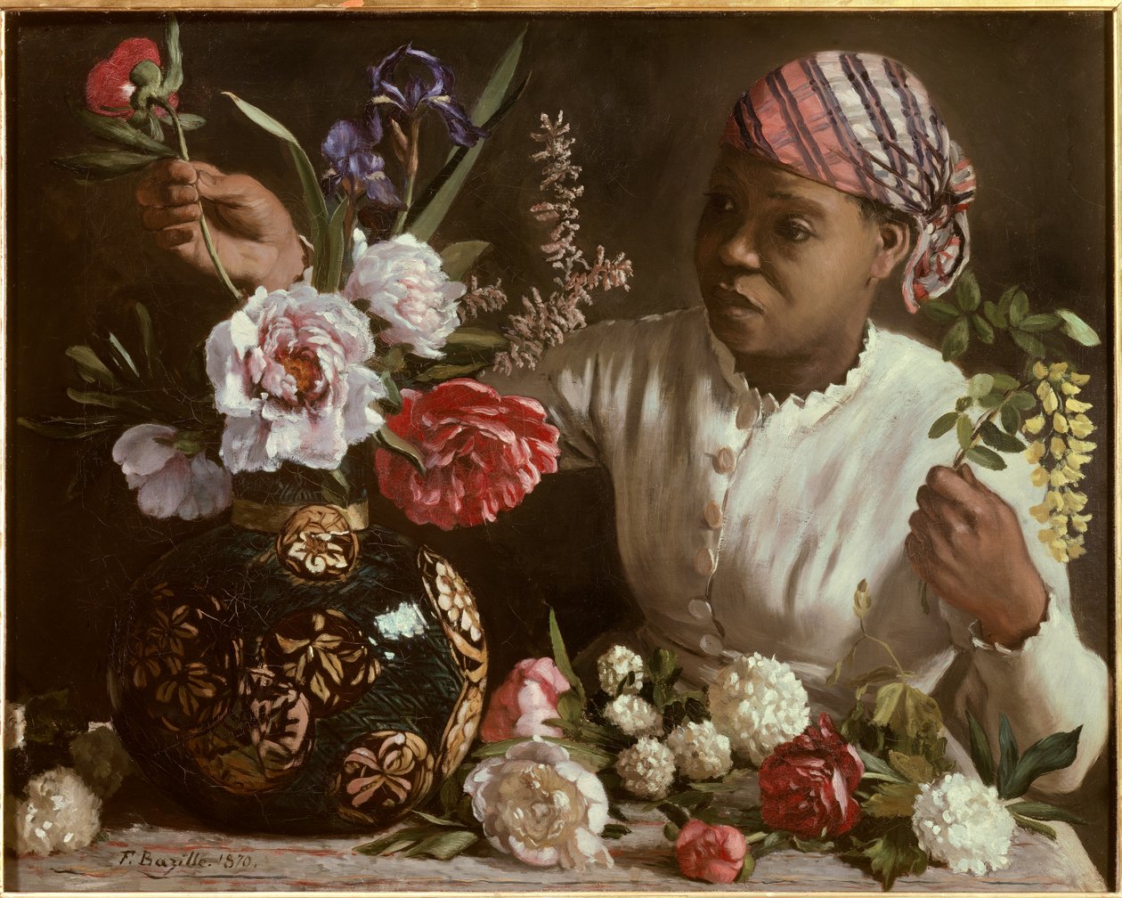 La negresse aux peonines Målning av Frederic Bazille (1841-1870) 1870 Dim. 0,6x0,75 m Montpellier, musee Fabre - Den svarta kvinnan med pioner. Målning av Frederic Bazille (1841-1870) av John Clayton Adams