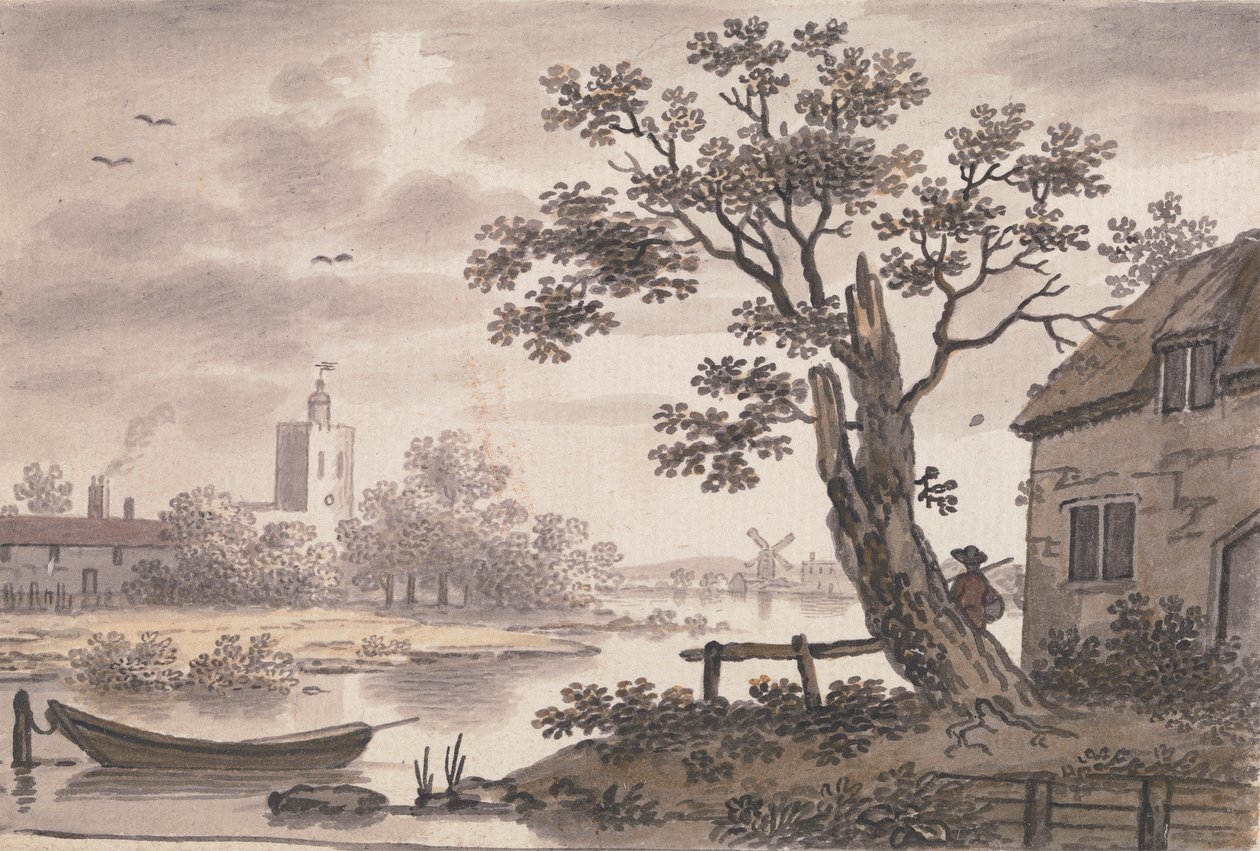 Flodscen med kyrka, stuga och väderkvarn av John Collet