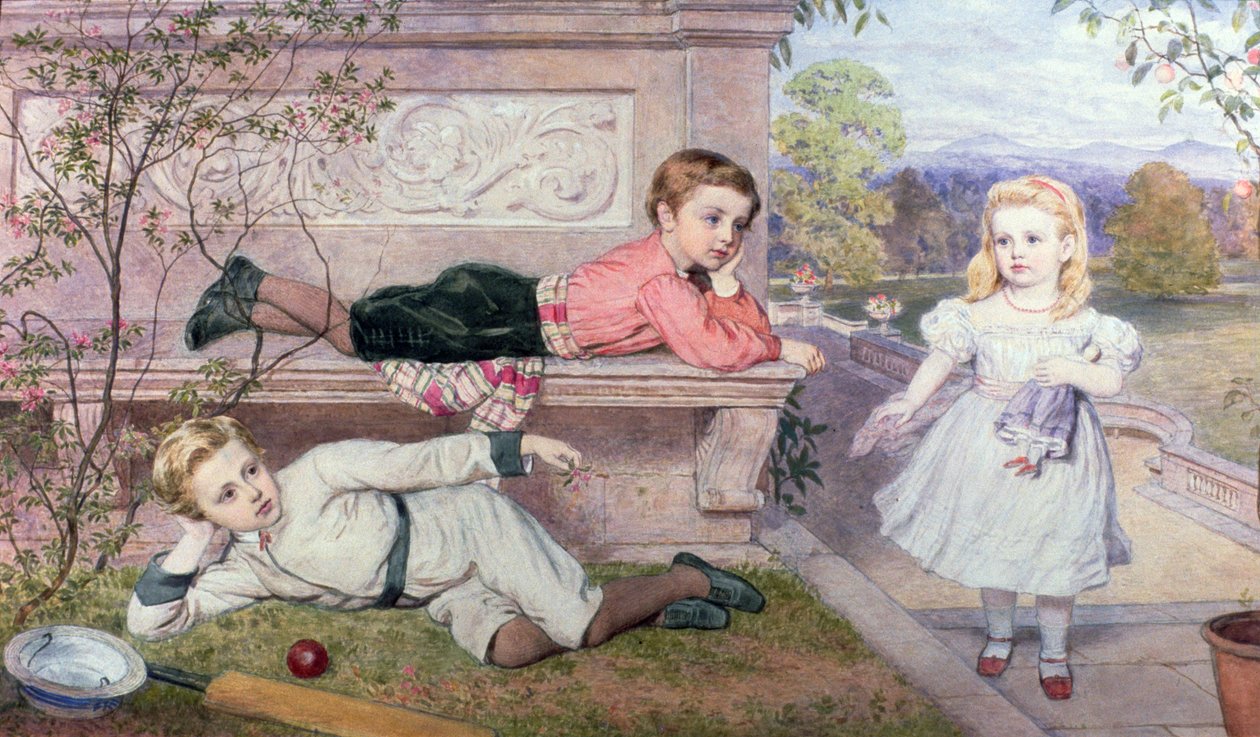 Farrer-barnen, Gaspard, Henry och Cecilia i trädgårdarna på ett hus på landet i Berkshire av John Collingham Moore