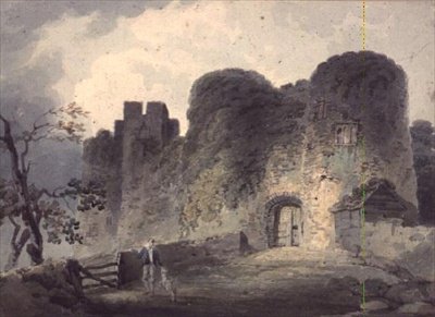 Ingången till Carisbrooke Castle, med en ungdom och ett lamm som står nära en port av John Collins
