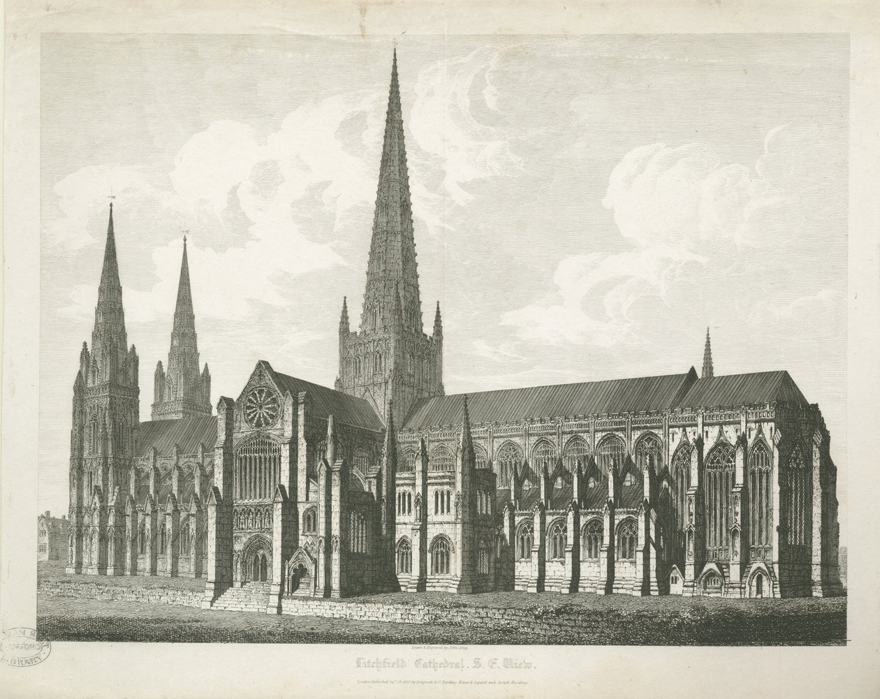 Lichfield Cathedral - South East View: gravyr, nd [c 1823] (tryck) av John Coney