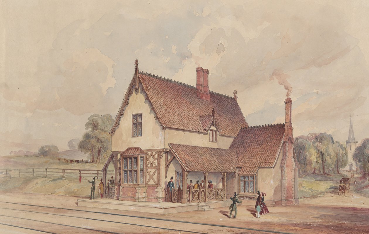 Viktoriansk lantlig tågstation och järnvägskorsning, 1844-77. av John Connell Ogle