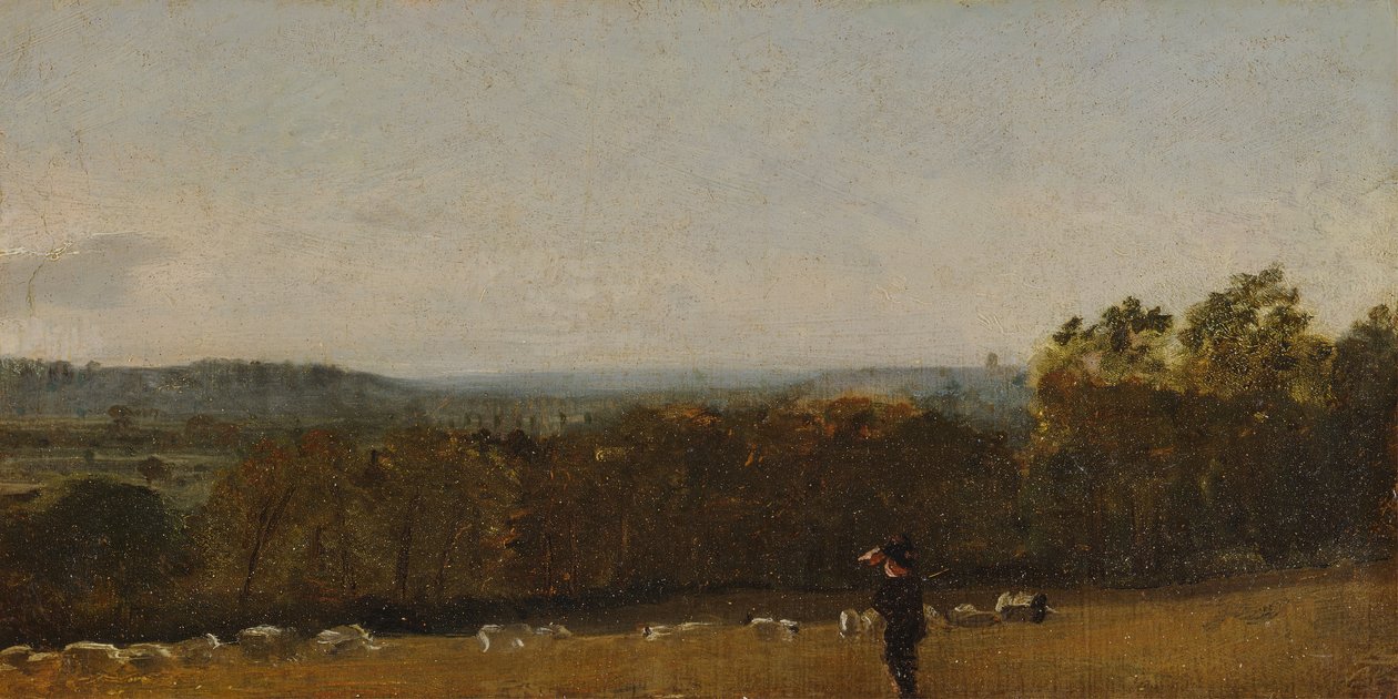 En herde i ett landskap som tittar över Dedham Vale mot Langham, ca. 1811. av John Constable