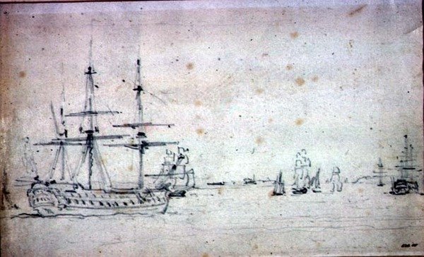 Ett skepp för ankar och annan sjöfart i Themsen (grafit på papper) av John Constable