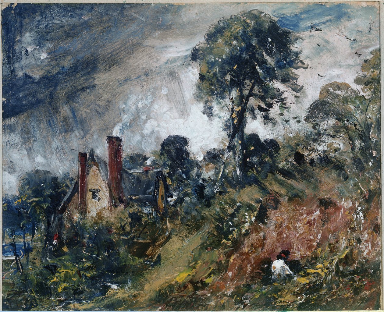En stuga bland träd, med en sandbank (olja på duk av John Constable