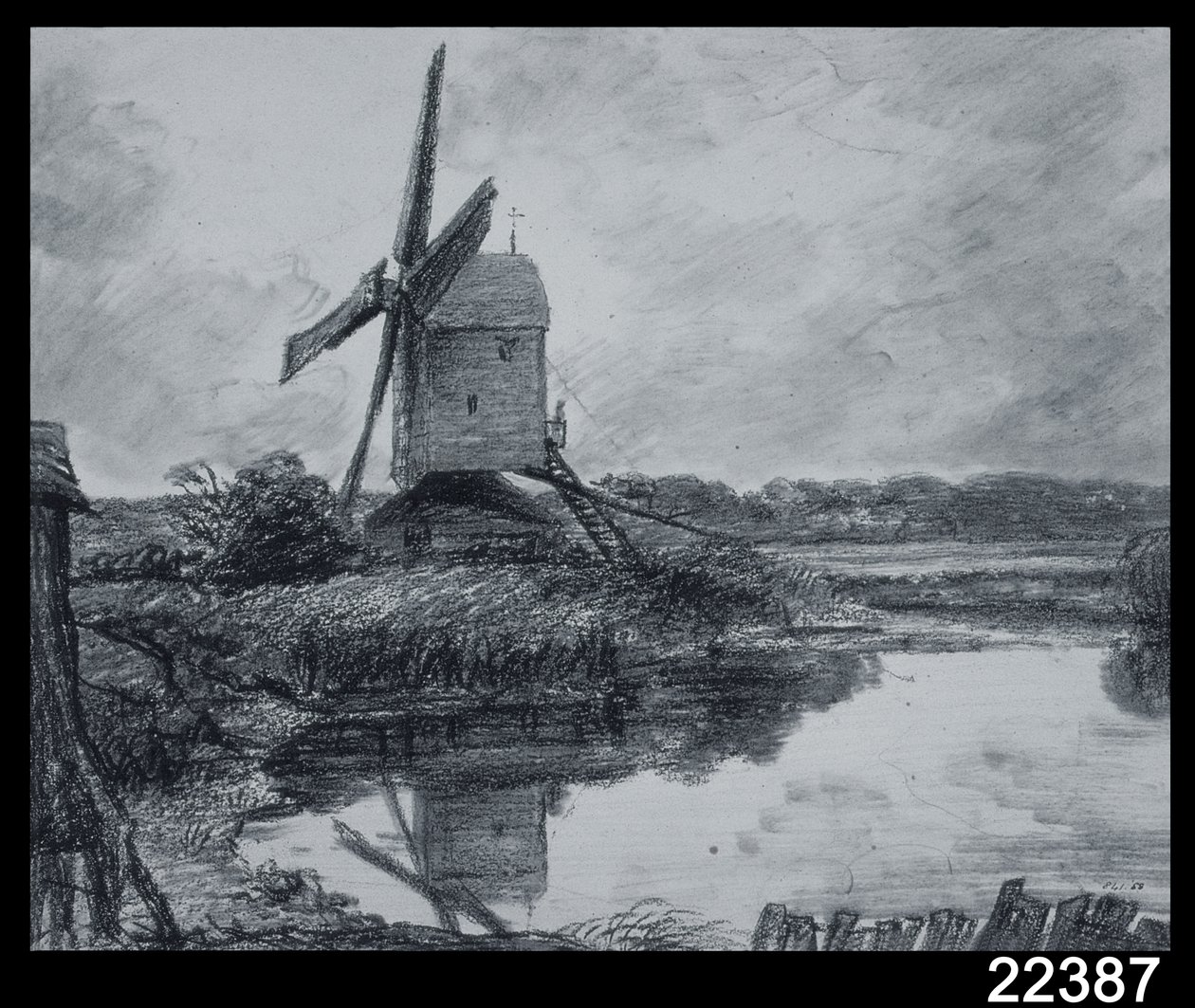 En kvarn vid stranden av floden Stour (träkol på papper) av John Constable