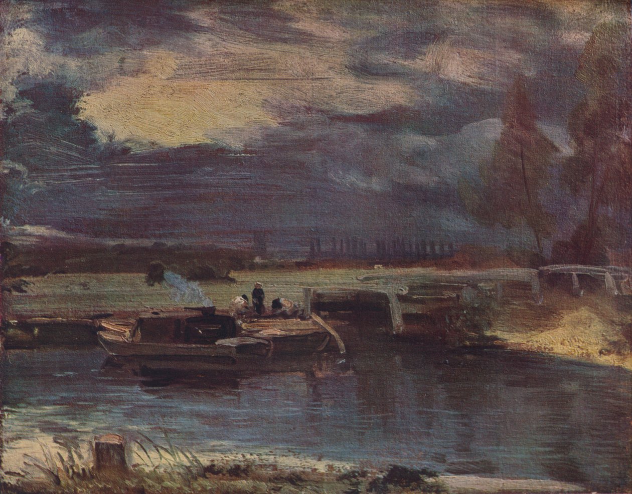 Pråmar på Stour, med Dedham Church i fjärran, c1811 av John Constable