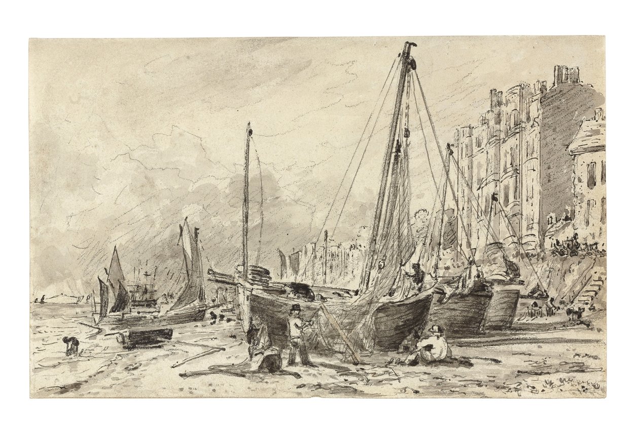 Strandade fiskebåtar med fiskare som lagar nät på stranden i Brighton, med utsikt mot väster, ca 1824-28 av John Constable